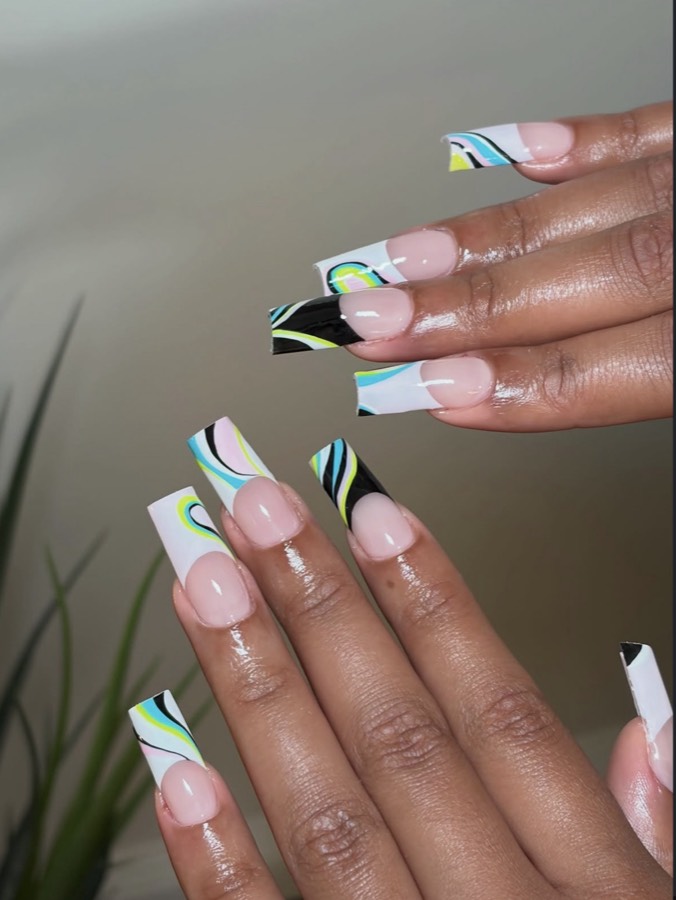 Retro swirl French tips on long square nails
