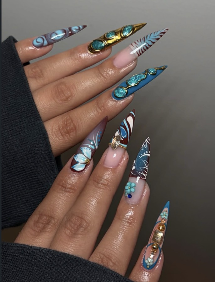 Blue and gold stiletto set with gems and 3D florals